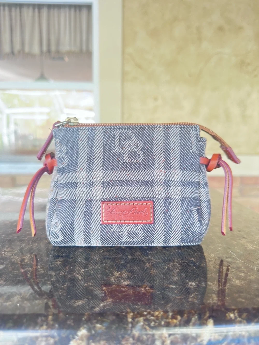 DOONEY & BOURKE ~ Gray Denim Plaid Pouch with Leather Trim and Red Interior